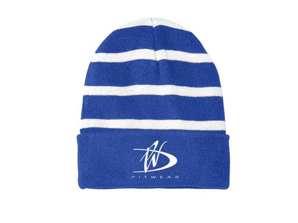 Pitwear Beanie Collection: PW Brand Striped Beanie With Solid Band [Limited Inventory]